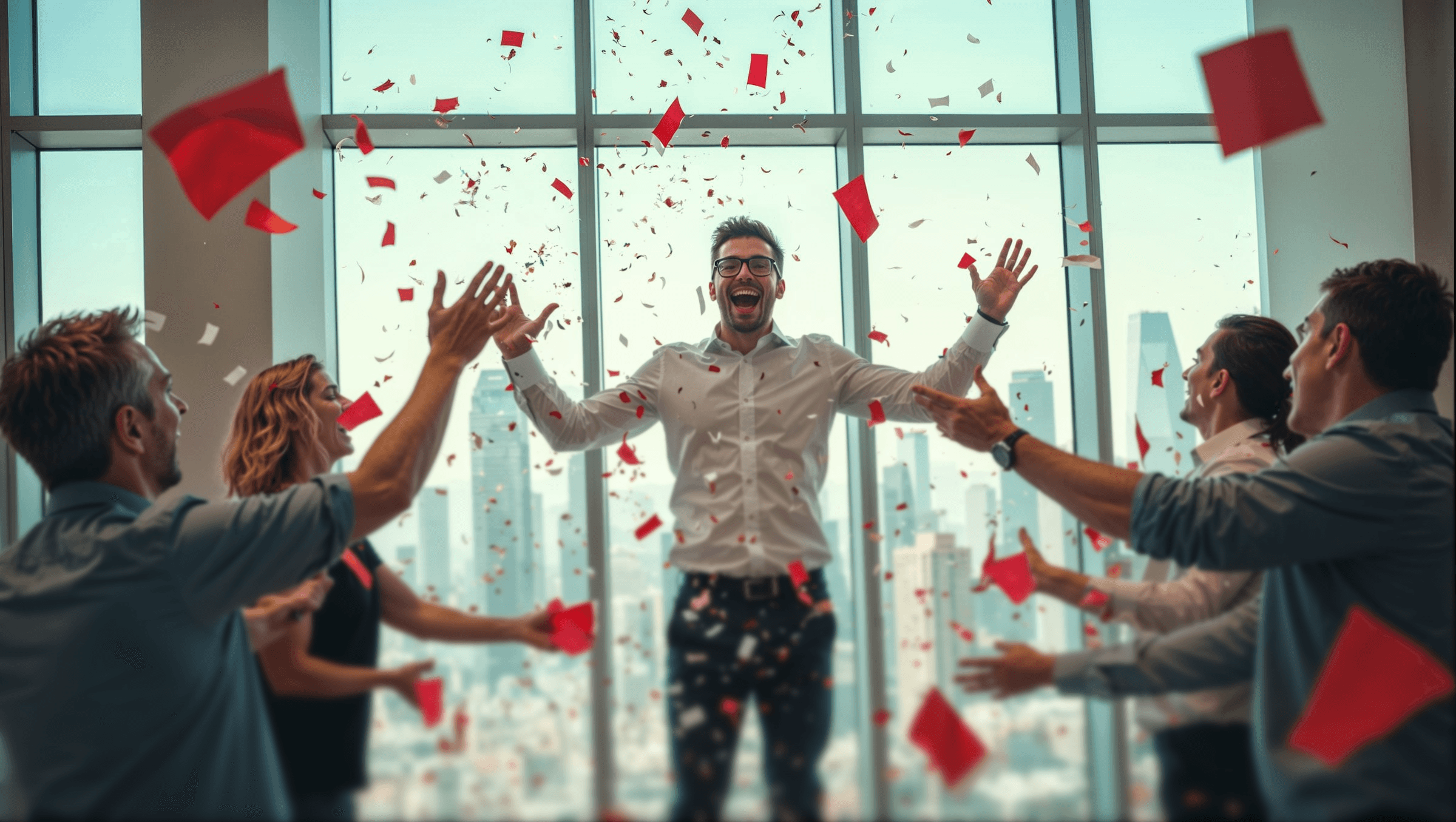 People celebrating, red stickers floating in the air